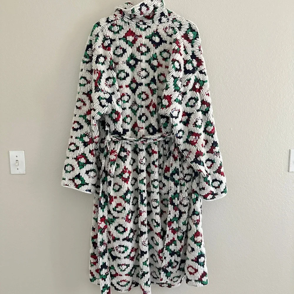 Vtg Crowntuft Chenille Robe Women L White Floral 80s Long Belted USA‎ Made Flaw